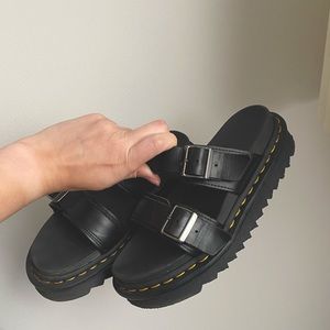 DR MARTENS MYLES BRANDO LEATHER BUCKLE SLIDE SANDALS